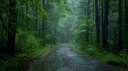 Obraz premium Serene Pathway Through a Lush Rain Soaked Forest Landscape