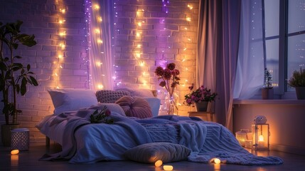 a modern bedroom with a white brick wall, featuring a fluffy blanket on the bed, a small table adorned with decorative lights and flowers in a vase, with a night lamp glowing near the door.