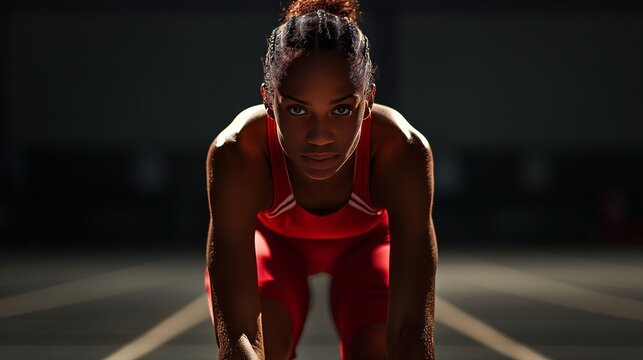 black female track and field runner in red athletic wear, poised at the starting line of an indoor race with soft lighting casting long shadows on her face
