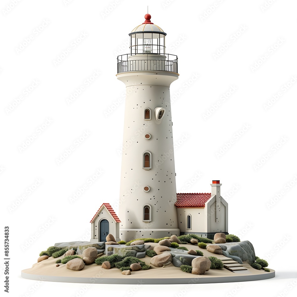 Poster detailed 3d model of a minimalist lighthouse with architectural details on isolated white background