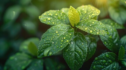 green leaf with dewdrops glistening in the sunlight, creating a fresh and vibrant natural scene