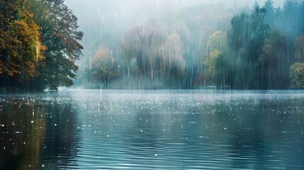 Soft Rain Falling on a Serene Lake Surrounded by Lush Greenery