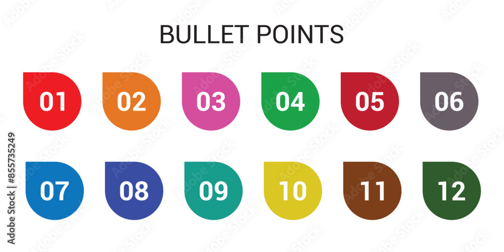 Aufkleber number bullet points from one to twelve vector set. colorful bullet point number collection