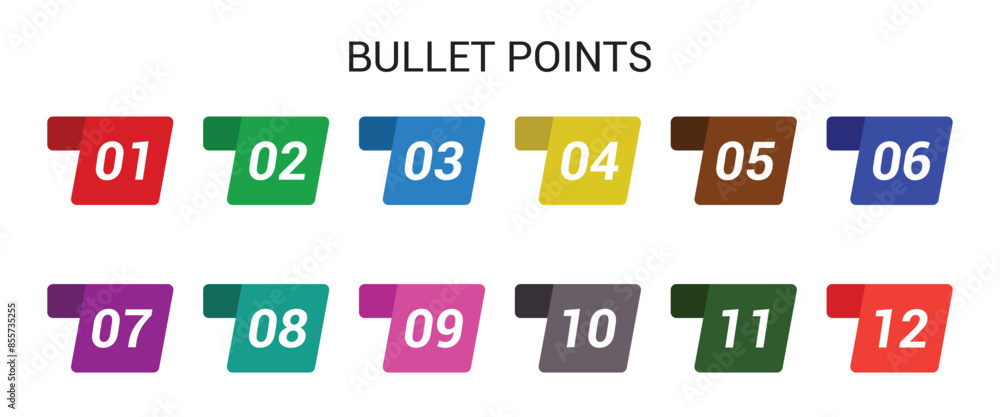 Aufkleber number bullet points from one to twelve vector set. colorful bullet point number collection