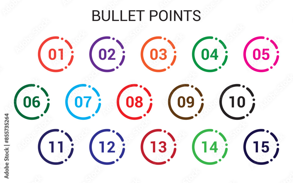 Poster number bullet points from one to fifteen vector set. colorful bullet point number collection