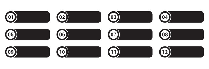 Set of Modern bullet points number 1 to 12, Bullet points with with black stickers and cope space text boxes. Web element. Vector illustration.