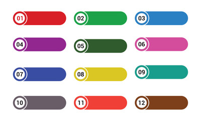 Fototapeta premium Set of Modern bullet points number 1 to 12, Bullet points with with color stickers and cope space, colorful text boxes. Web element. Vector illustration.