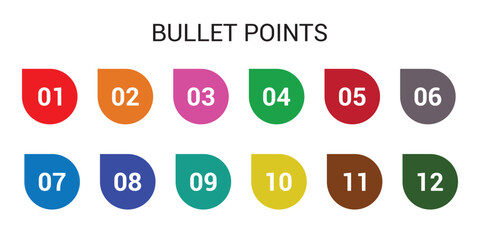 number bullet points from one to twelve  vector set. Colorful bullet point number collection