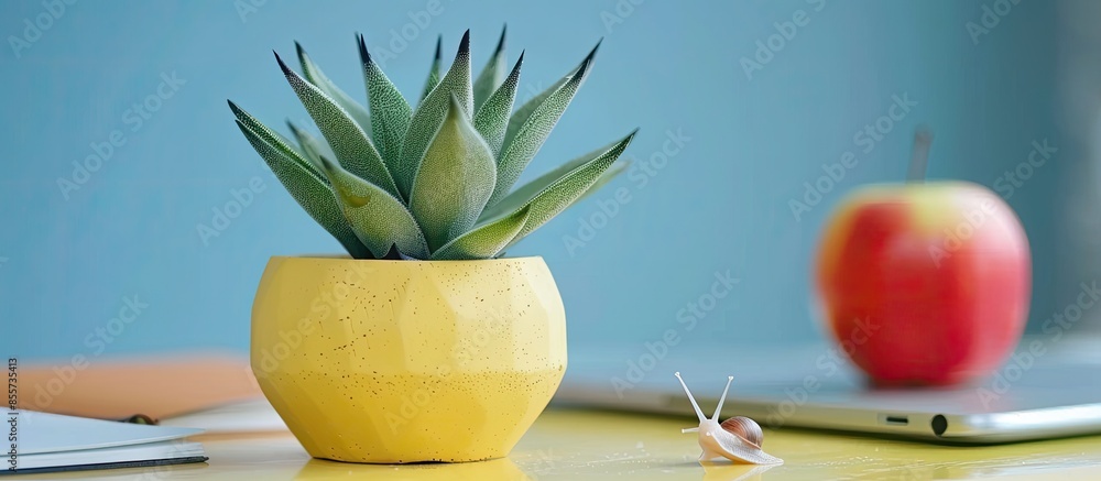 Aufkleber succulents in yellow concrete pot on table with little snail near apple and notebook. macro close up