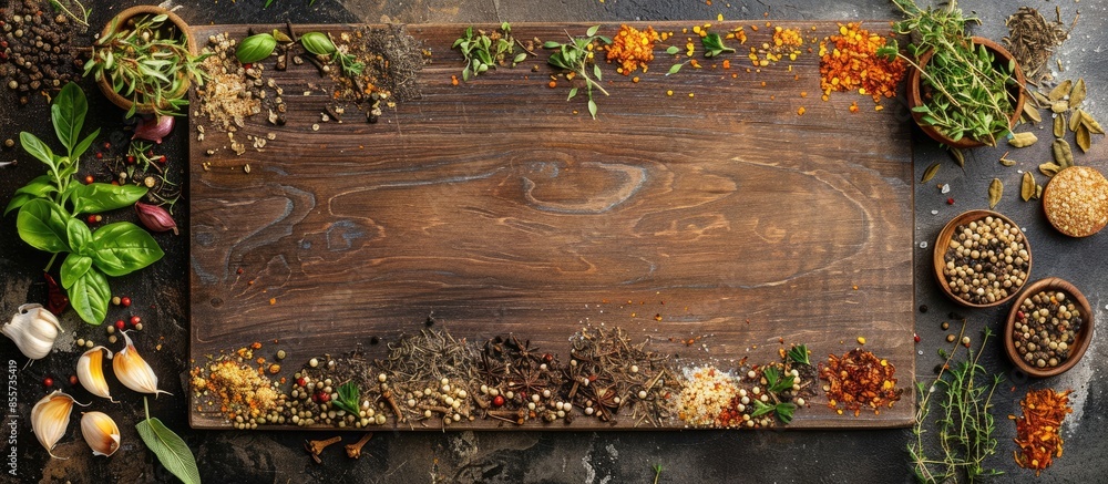 Poster variety of herbs and spices around empty cutting board on rustic wooden background, top view.creativ