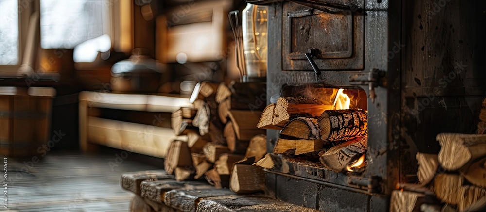 Poster firewood burning in a stove. with copy space image. Place for adding text or design