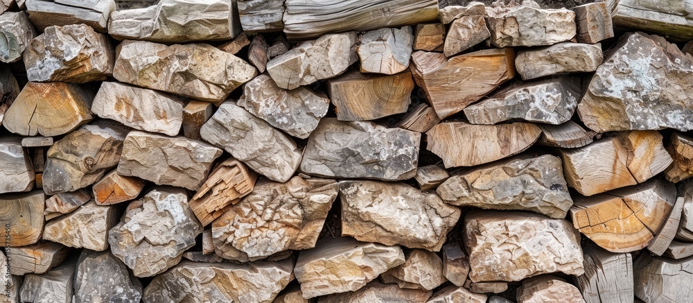 Aufkleber many wood pile and stone texture of wall for wallpaper. with copy space image. place for adding text