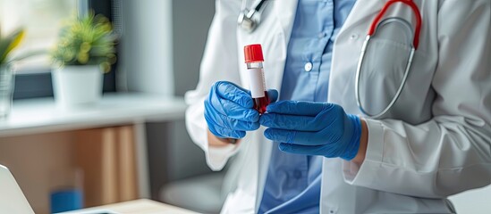 doctor holding Blood tube positive analysis to high risk thrombus. Blood sample test with positive diagnosis of Thrombosis risk in a coagulation test. Copy space image. Place for adding text or design