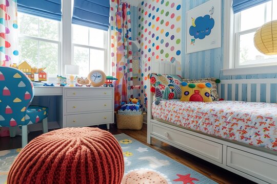 A cheerful and bright childrens bedroom with colorful polka dot wallpaper, a white daybed with colorful bedding, a desk with toys, and a bright orange knitted ottoman. Generative AI - Powered by Adobe