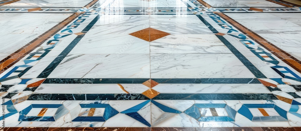 Poster white stone marble floor with decorative blue border and brown tiles. with copy space image. place f