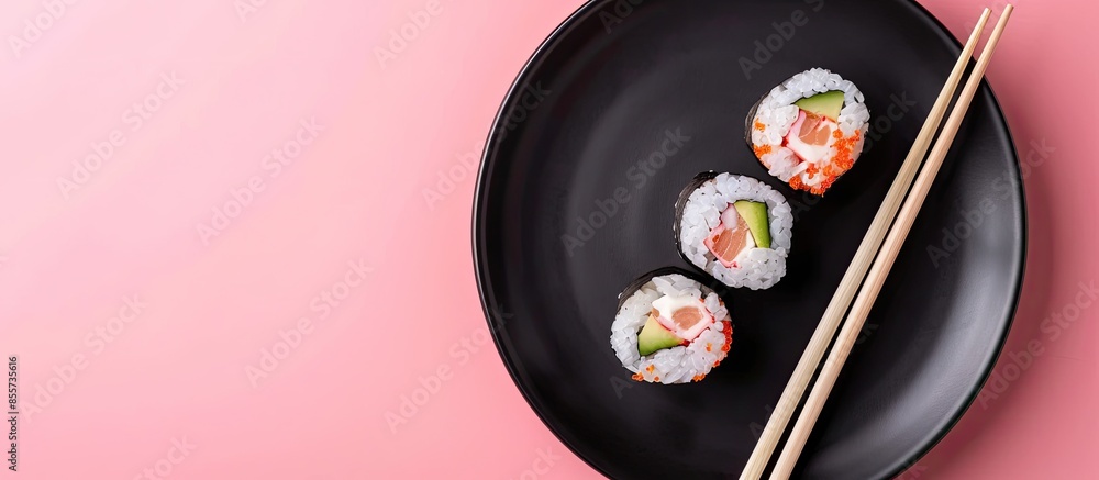 Aufkleber chikuwa isolated on black dish on pastel background. with copy space image. place for adding text or