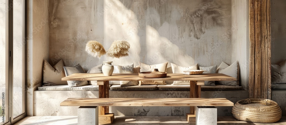 Poster dining room with a wooden table and bench made from concrete blocks and pillows. with copy space ima