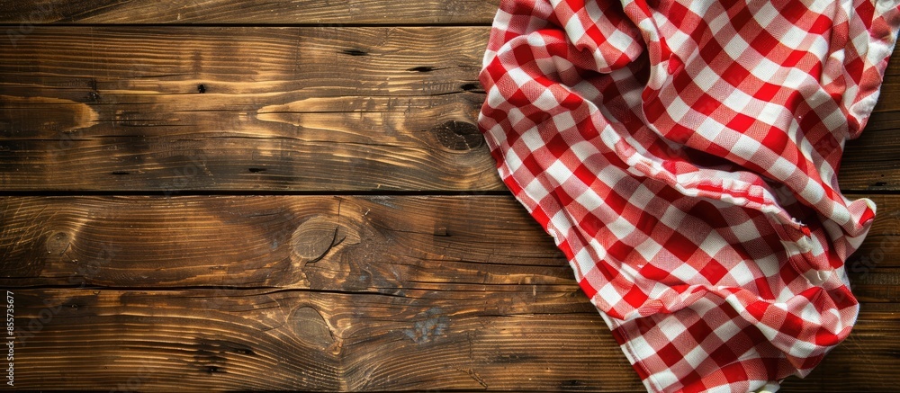 Fototapete checkered towel on wooden table. food design layout. t picnic towel on kitchen tabletop. with copy s