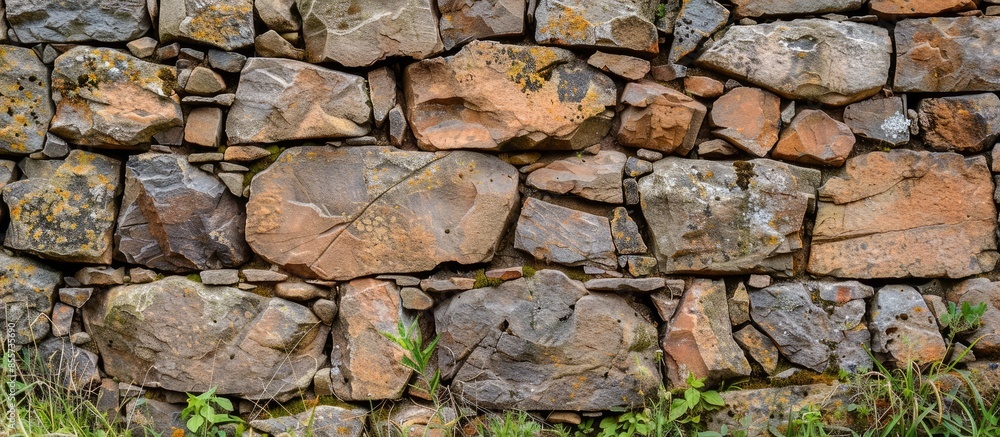 Poster An ancient old rough drystone wall. Background photo. Texture pattern. with copy space image. Place for adding text or design