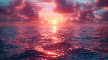 Vibrant sunset over the ocean with dramatic pink and purple clouds, perfect for romantic and serene themes