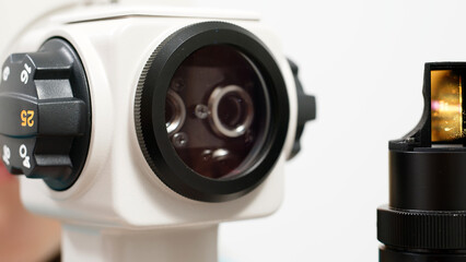 The concept of new ophthalmological and modern technologies, diagnostics and vision treatment. Interior of a modern ophthalmology clinic with modern equipment.