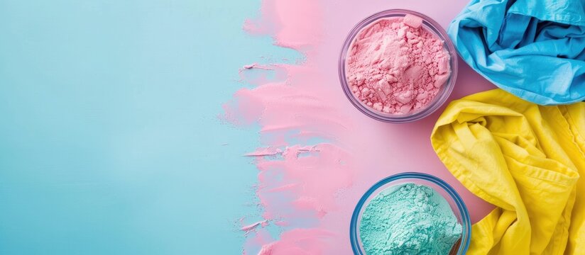 Washing powder for colored cloths on a pastel background. with copy space image. Place for adding text or design