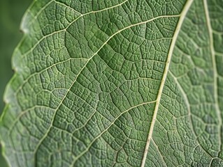 Obraz premium Macro Shot of Green Leaf with Visible Veins, Ideal for Copy Space