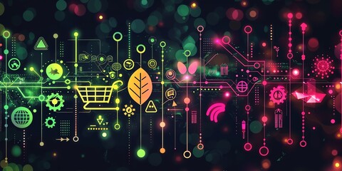 A sleek digital image depicting Kjupi's integration of sustainability and advanced technology in advertising. Background gradient dark blue with faint digital circuits. Icons from left to right 2:1