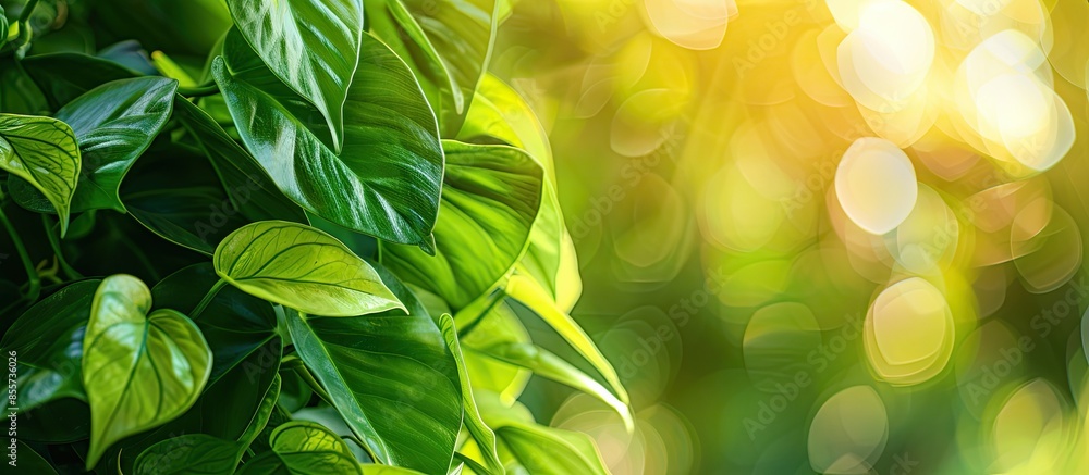 Poster green colored epipremnum aureum tree stock on farm for harvest. with copy space image. Place for adding text or design