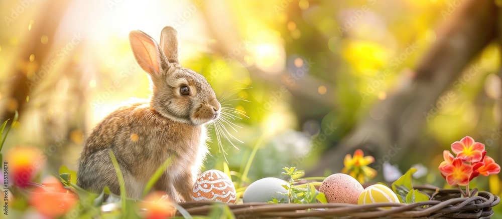 Poster brown bunny rabbit on retro background in spring day, simple and cozy life, text happy easter, eggs 