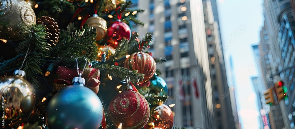 Poster decorated christmas tree with beautiful shiny decoration, new york, usa. with copy space image. plac
