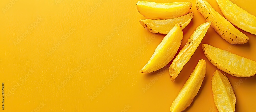 Poster deep fried sliced potatoes stick isolated on pastel background. with copy space image. place for add