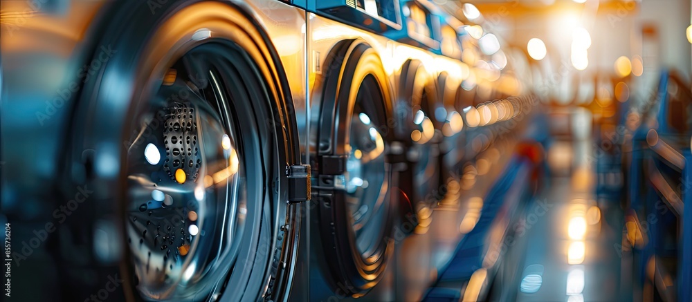 Poster Row of modern washing machines in dry-cleaning, closeup. Copy space image. Place for adding text or design