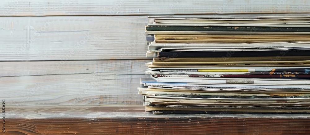 Poster Stack of printed magazines on a table. with copy space image. Place for adding text or design