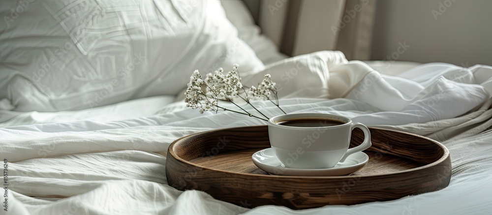 Poster wooden tray with coffee and interior decor on the bed with white linen. with copy space image. place