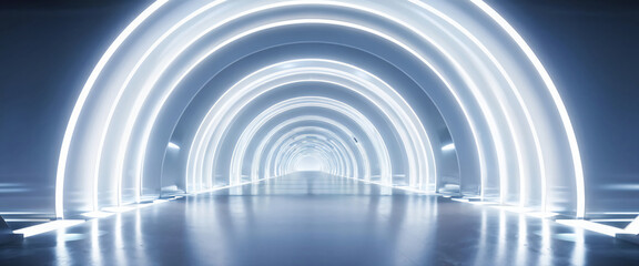  White background 3D room light abstract space technology tunnel stage floor. Empty white future 3D neon background studio futuristic corridor render modern interior silver road black wall design gray