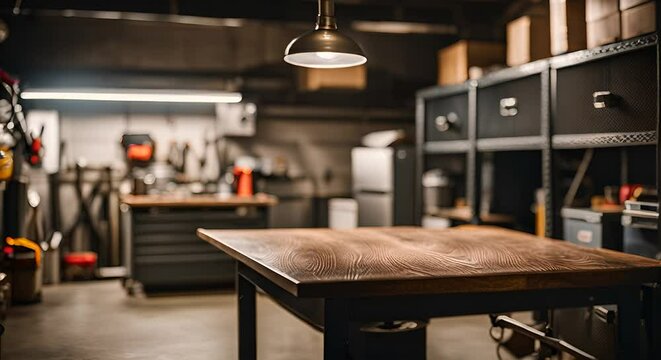Empty table in craft metal workshop. Garage craft room