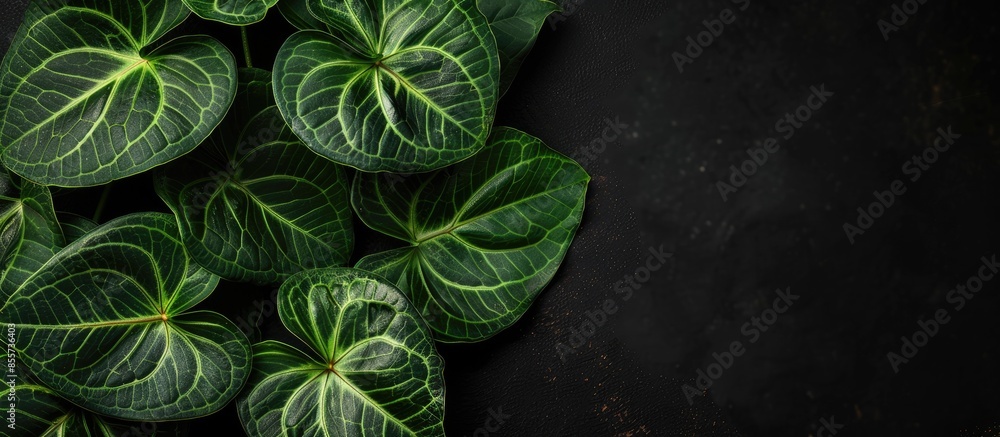 Aufkleber Leaves of Anthurium Clarinervium on black background. with copy space image. Place for adding text or design