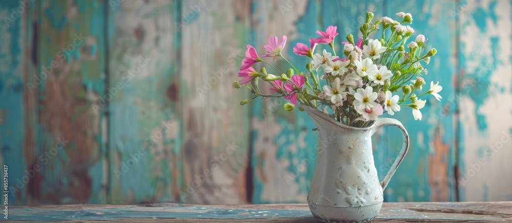 Leinwandbilder spring flowers in jug on old wooden painted background. with copy space image. place for adding text