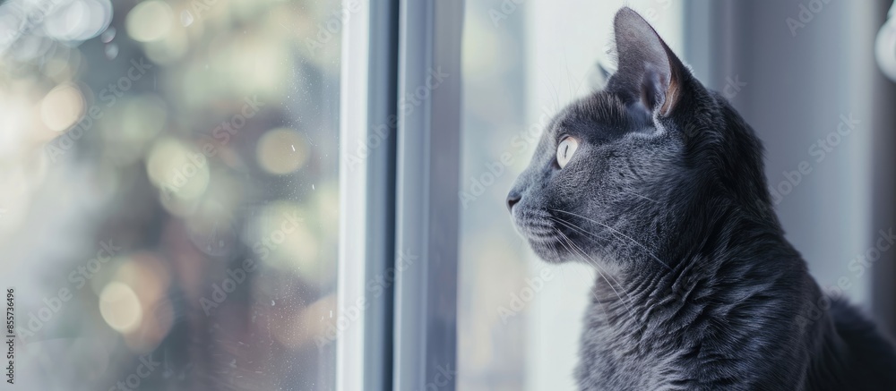 Poster portrait of russian blue cat at the window. with copy space image. Place for adding text or design
