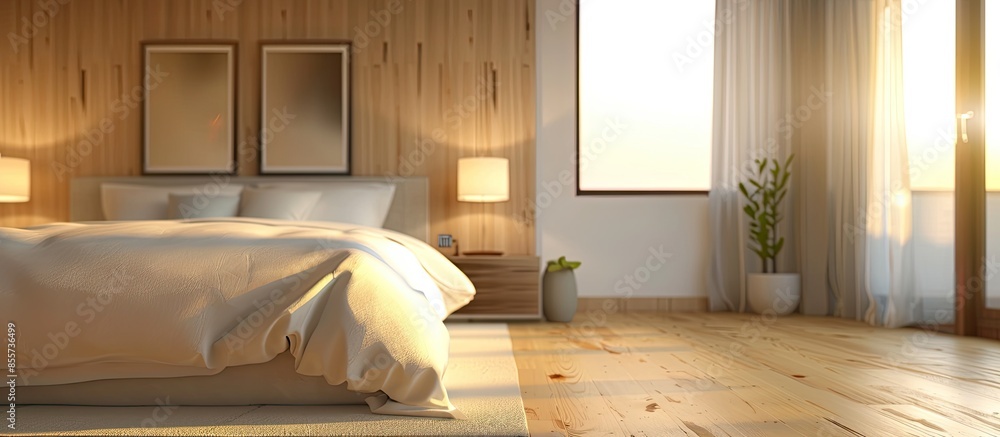Poster bedroom room in beige blurred background. with copy space image. Place for adding text or design