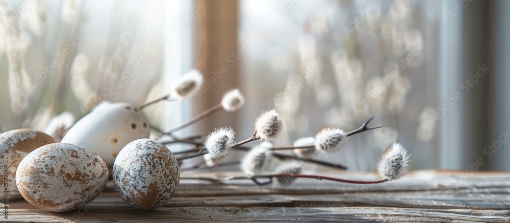 Poster easter decoration, eggs, pussy-willow branches on a wooden surface on a window background. with copy