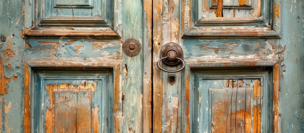 Poster old wooden entrance door with antique door handle. with copy space image. place for adding text or d