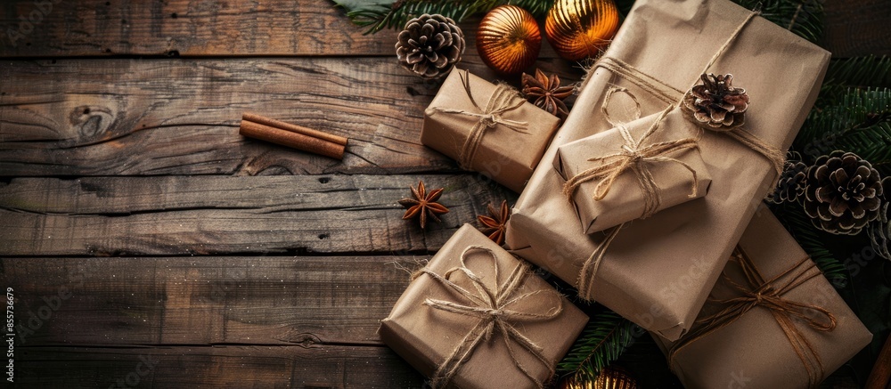 Poster fabric wrapped gifts and wooden christmas decorations. with copy space image. place for adding text 