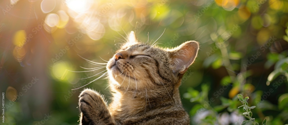Aufkleber cat sitting in the sun and cleaning herself. with copy space image. place for adding text or design