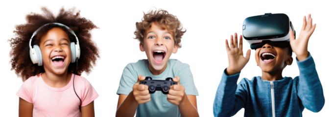 Diverse kids playing games set