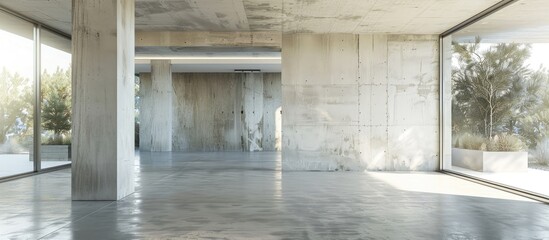 photo of the room is under construction with a rough finish, plastered walls, concrete floor,Modern house with landscaping on front,Entrance porch with concrete floor and square columns