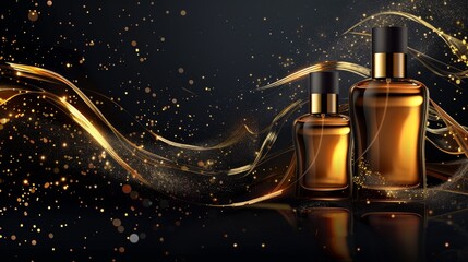Stylish online Black Friday sale poster with dynamic graphic elements and a realistic representation of perfume bottles against a black background