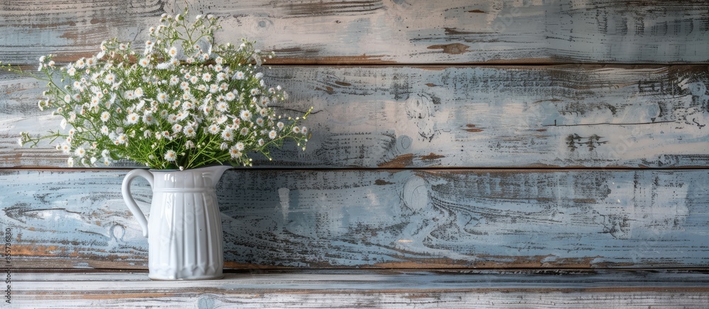 Leinwandbilder spring flowers in jug on old wooden painted background. with copy space image. place for adding text