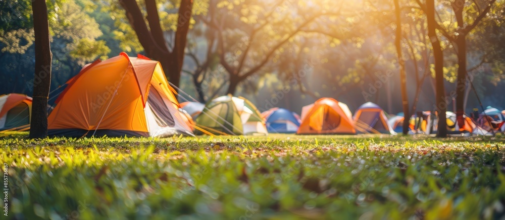 Poster camping tents on the grass of outdoor parks in sunny days. copy space image. place for adding text o